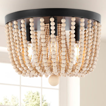 Eivissa 13" Coastal Farmhouse Iron/Wood Bead LED Flush Mount - JONATHAN Y